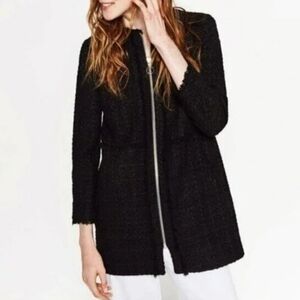 Zara Women's Tweed Fringe Full Zip Jacket, Black, XS
